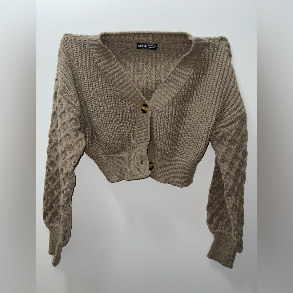 Women's Beige Cable Knit Cardigan Sweater Cropped